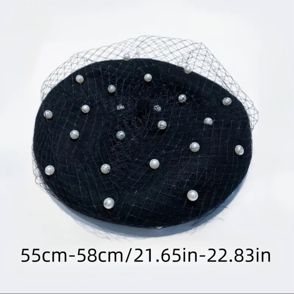 Black Wool Beret Hat with fishnet and pearls - Picture 3 of 3